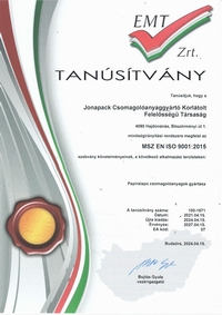 Jonapack ISO tanúsítvány